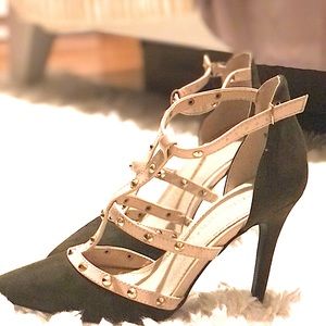 Olive green velvet heels
